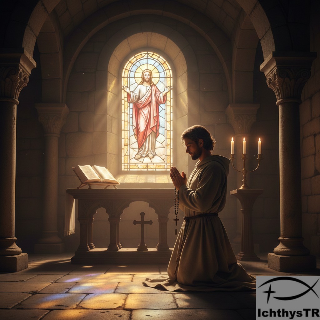 Bir Hristiyan kilisede dua ediyor