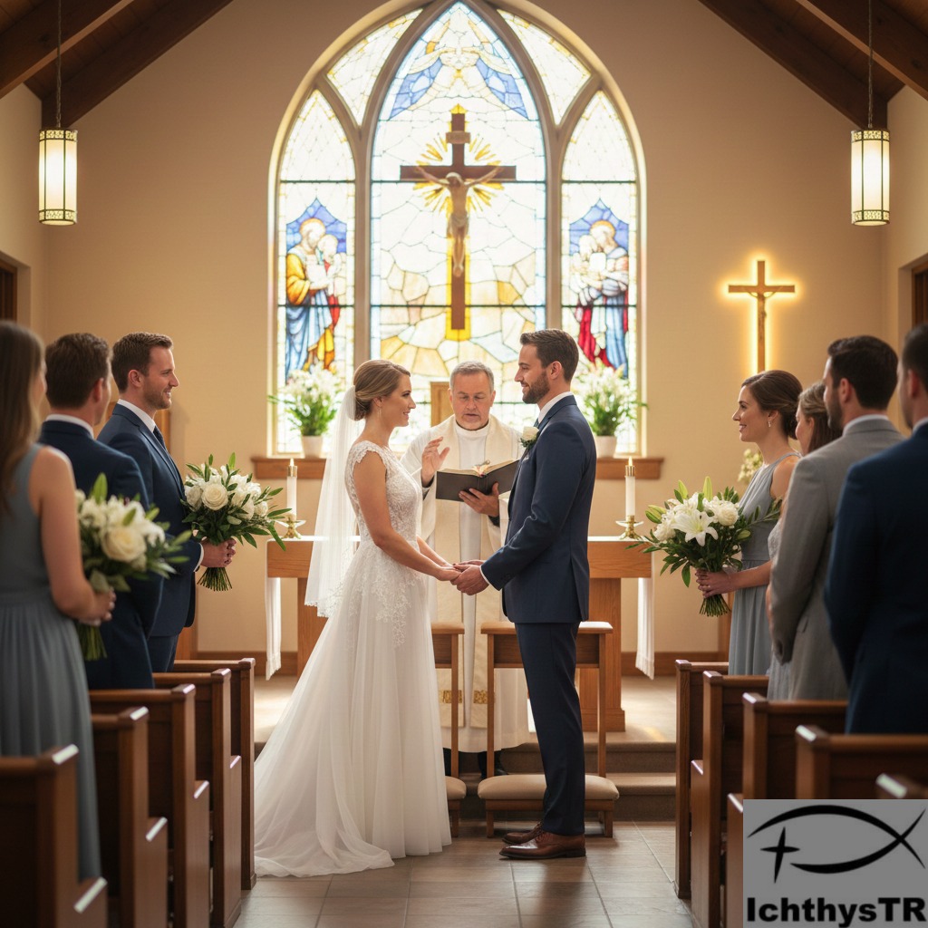 Kilisede bir evlilik töreni. Tanrı'nın sevgisini hayatlarında yaşayan Hristiyanlar.